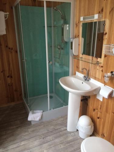 een badkamer met een wastafel en een glazen douche bij Le Beausejour in Annot