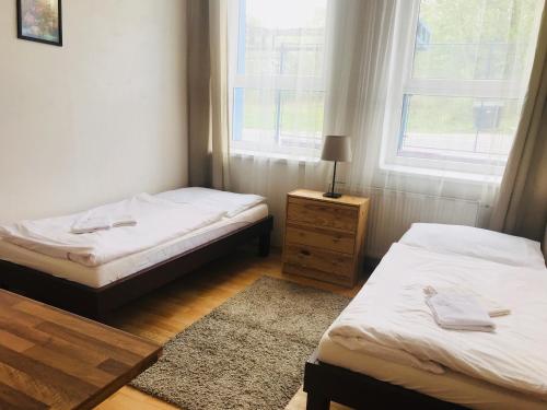 a bedroom with two beds and a nightstand and two windows at Dusan Apartments in Orlová