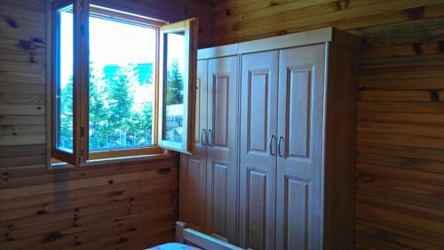 a room with a closet and two windows in a cabin at Eco house in Žabljak