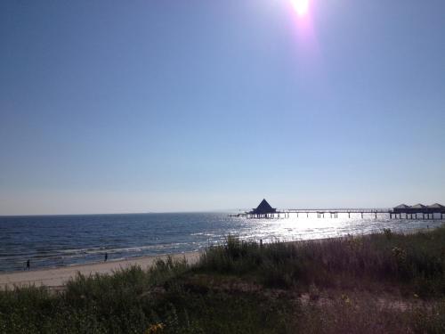 a beach with a pier in the water at Hotel Boje06 in Heringsdorf