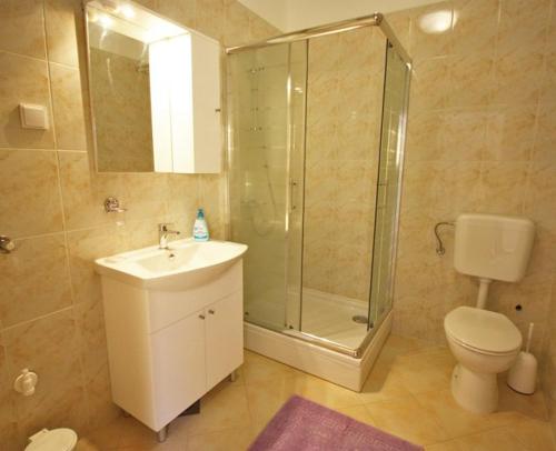 W łazience znajduje się prysznic, umywalka i toaleta. w obiekcie Apartman Simona w Fažanie
