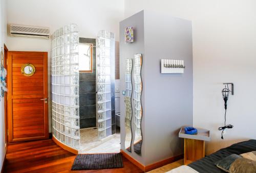 Schlafzimmer mit einer verglasten Dusche und einer Tür in der Unterkunft Nolitha 2 in Manapany-les Bains