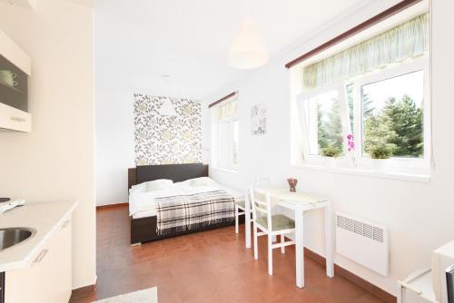 a white room with a bed and a table and a window at Ubytování Vila Sobotka in Sobotka