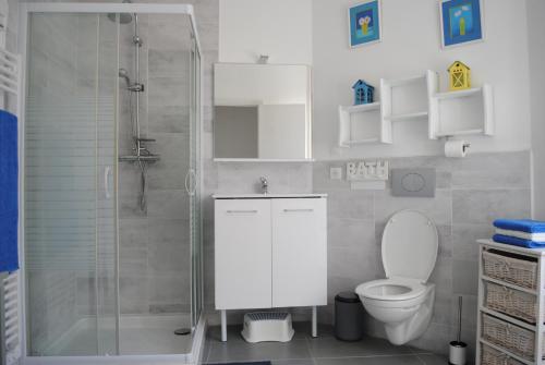 une salle de bain avec toilettes et douche en verre dans l'établissement Gite 