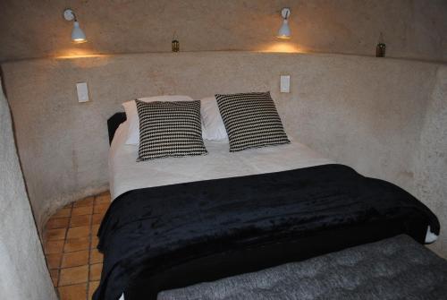 アンボワーズにあるGite " Le Troglo des 3 Châteaux "の枕2つが備わるドミトリールームのベッド1台分です。
