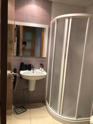 La salle de bains est pourvue d'un lavabo et d'une douche. dans l'établissement Alicante hills - apartment Gilda, à Alicante