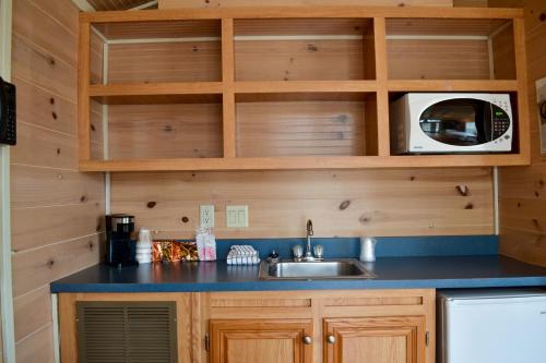 a kitchen with a sink and a microwave at Worlds of Fun Village in Kansas City
