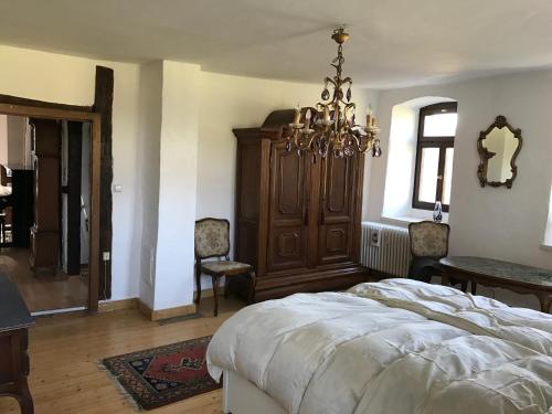 Ehrstädt的住宿－Mia Margot，一间卧室配有一张床和一个吊灯