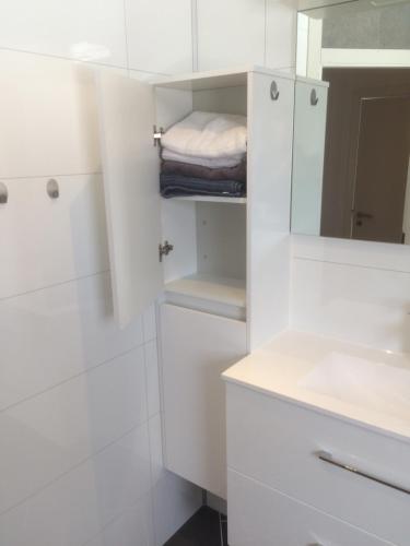 Melkarhola的住宿－Senja Skaland，白色的浴室设有水槽和镜子