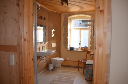 a bathroom with a sink and a toilet and a window at FEWO natuerlich-wolf in Königstein an der Elbe