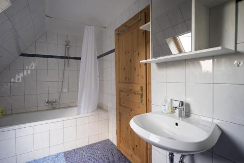 y baño con lavabo, ducha y bañera. en Waldhufenhaus in Schöna, en Reinhardtsdorf
