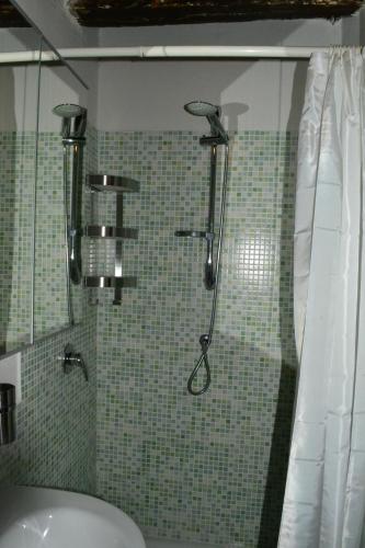 a shower in a bathroom with a sink at Casa Messi in Pitigliano