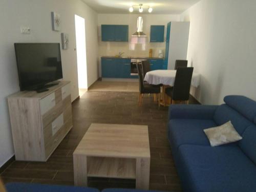 ein Wohnzimmer mit einem blauen Sofa und einem TV in der Unterkunft Apartment Luzia in Banjole