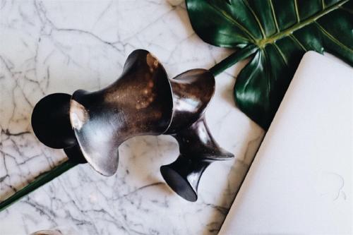a bronze flower on a table next to a plant at Rain Cha-am Huahin By Sake in Cha Am