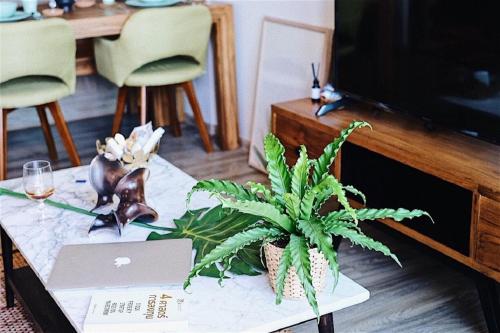 a living room with a table with a laptop and a plant at Rain Cha-am Huahin By Sake in Cha Am
