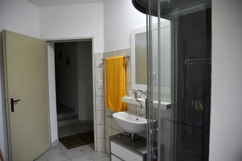 a bathroom with a sink and a shower at AktivQuartier Mühlviertel Apartment in Oepping