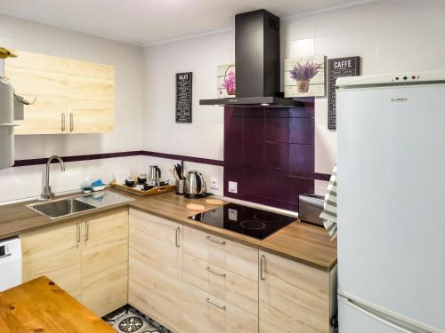 a kitchen with wooden cabinets and a white refrigerator at Living-Sevilla Feria in Seville