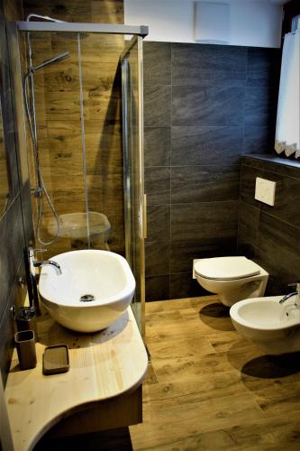 a bathroom with two sinks and a shower and a toilet at Enrosadira in Molveno