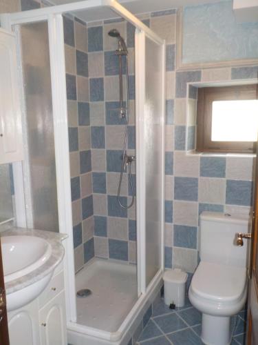 uma casa de banho com um chuveiro, um WC e um lavatório. em Apartamentos Rurales La Husteriza em Ruenes