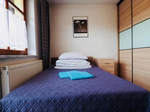 a bedroom with a bed with blue sheets and pillows at Willa Dutka - Apartamenty in Szczawnica