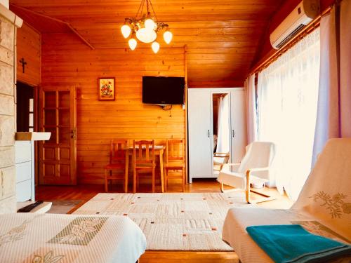 a living room with a bed and a television and a table at Willa Dutka - Apartamenty in Szczawnica