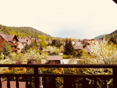 uma vista para uma cidade a partir da varanda de uma casa em Willa Dutka - Apartamenty em Szczawnica
