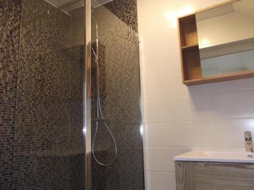 a shower with a glass door in a bathroom at Au Bonheur Frontalier in Steenvoorde