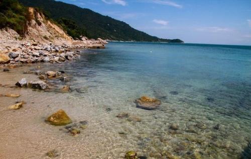 a beach with rocks and the clear water at Flame Flowers Homestay in Hoi An