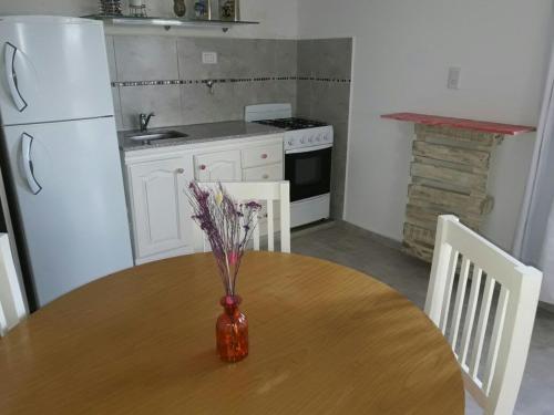 a kitchen with a table with a vase with flowers in it at Aluminé in Colón