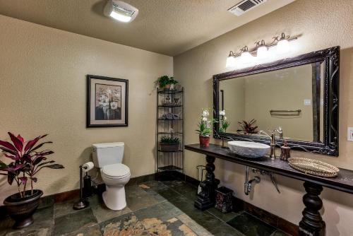 a bathroom with a toilet and a large mirror at Hope Inn Redding in Redding