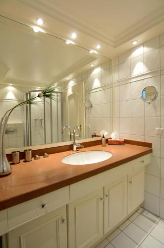 a bathroom with a sink and a large mirror at Heefwai 2 W1 in Morsum