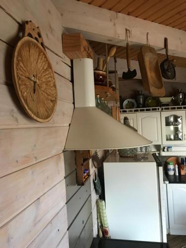 a kitchen with a wooden wall with a light hanging from it at "Будиночок гедоніста" in Tukhlya