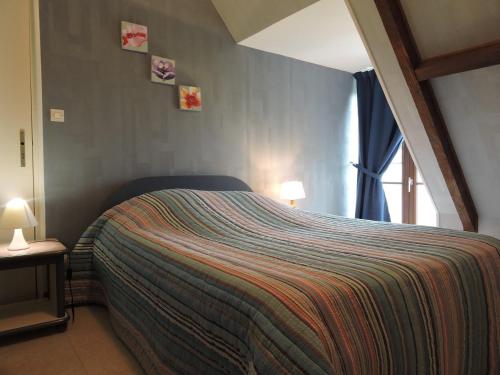 1 dormitorio con 1 cama con una manta colorida en Les Berges, en Mareuil-sur-Cher