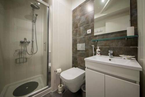 ein Bad mit einem WC, einem Waschbecken und einer Dusche in der Unterkunft A Captivating Apartment close to River Tagus in Lisbon in Lissabon