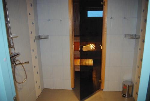 a bathroom with a shower and a mirror in it at Tehvandi Puhkemaja in Otepää