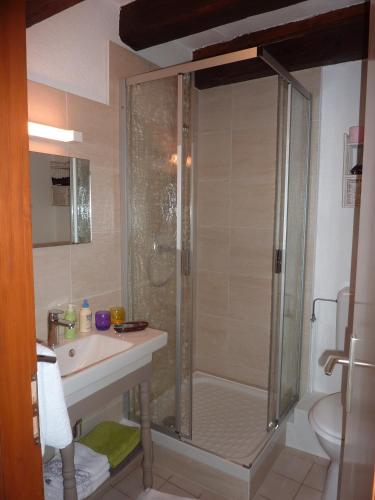 une salle de bain avec douche et lavabo dans l'établissement ADRIHOF à Riquewihr, Cour de l'Abbaye d'Autrey, à Riquewihr