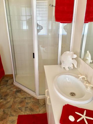 a bathroom with a white sink and a shower at Panoramic Drive Holiday House in Cape Bridgewater