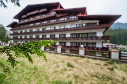 a large building on top of a hill with a tree at Aurelius Imparatul Romanilor Hotel & SPA in Poiana Brasov