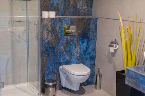 ジェシュフにあるHotel Horyzontのバスルーム(トイレ、ガラス張りのシャワー付)