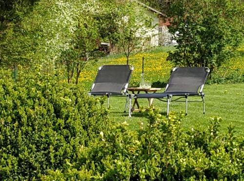 two chairs and a table in a yard at Ferienwohnung Schmuckkastl in Tittmoning