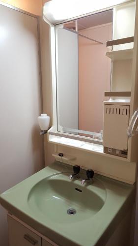 a bathroom with a green sink and a mirror at Pension Baden Heim in Nagasaki