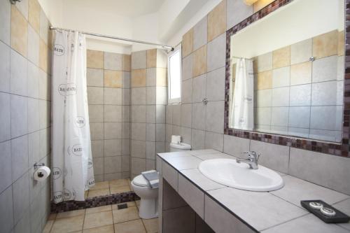 a bathroom with a sink and a toilet and a mirror at Evropi Hotel in Plataniás