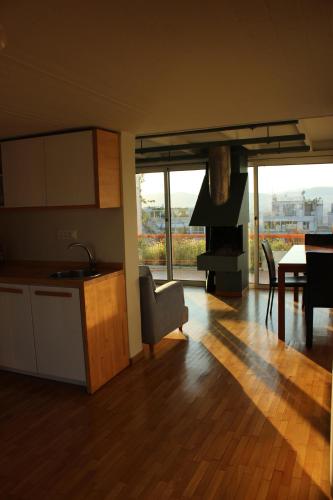 a kitchen and living room with a fireplace and a table at Acropolis view penthouse in Athens