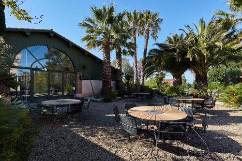 a patio with tables and chairs and palm trees at Hôtel Saint-Alban in Nézignan-lʼÉvêque