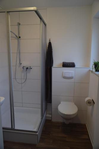 a bathroom with a toilet and a glass shower at Hostel Nordkirchen by Frerichmann in Nordkirchen