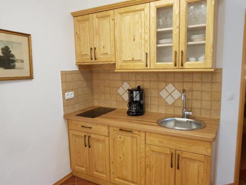 a kitchen with wooden cabinets and a sink at Pr Bevc in Bled