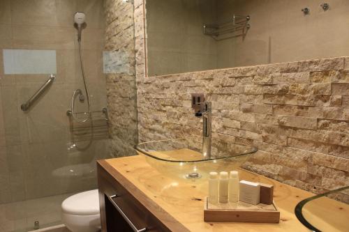 a bathroom with a glass bowl sink and a toilet at DreamWoods in Puerto Varas