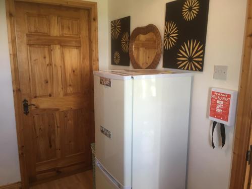 a white refrigerator in a room with a door at Baurleigh studio apartment P72F340 in Lissaphooca Cross Roads