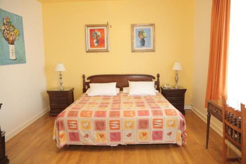 a bedroom with a bed with two night stands and two lamps at Hotel Casa Gonzalez in Mexico City