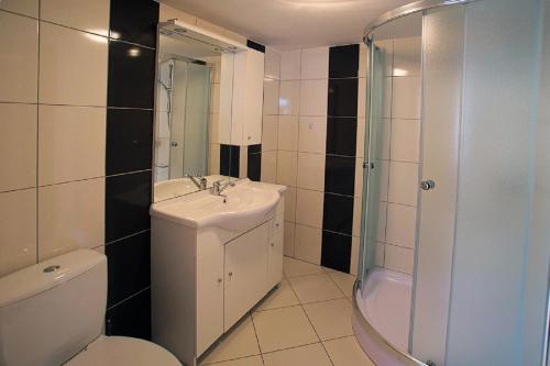 a bathroom with a sink and a toilet and a shower at Agroturystka Na Polanie in Święta Katarzyna